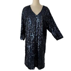 QMack Sequin Embellished Dress Long Sleeves Dark Blue Sparkly XL NWT